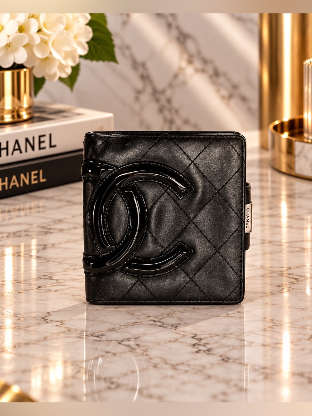 Chanel Cambon Ligne Black Quilted Snap Bifold Wallet Black CC Pink Interior